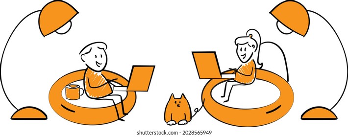 Man and woman working with laptop at home office concept. Teleconference and online business call Looking at Computer Screen and Talking with Colleagues Online.isolated vector illustration doodle art
