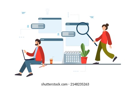 Man and woman working at a laptop in the workplace, freelance work, programmer, e-learning, home office concept, business illustration concept for remote work or freelance, flat vector illustration