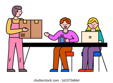 Man and woman working at office. Courier carry simple carton box to deliver to receiver. Shipment and delivery parcels from post to door. Vector illustration of shipping packages in flat style