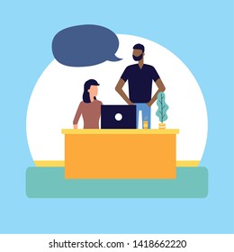 man and woman working office talking bubble vector illustration