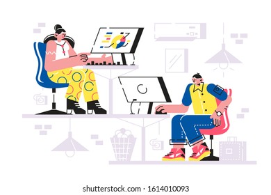 Man and woman working in office vector illustration. Colleagues sitting at workplace with modern computers and creature business project flat style concept