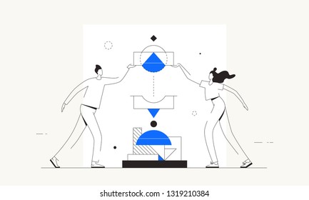 Man and woman are working on an abstract project. Concept of teamwork, partnership, startup. Trendy vector illustration