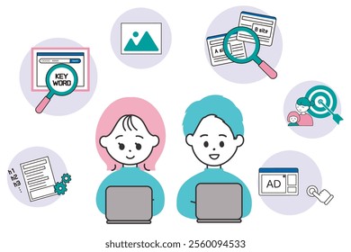 a man and woman working on a blog and their task's icons