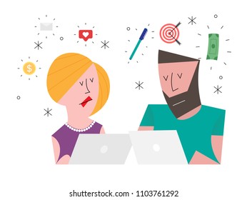 Man and Woman working on computer with abstract objects around them. Vector illustration of money, stars, email, pen, target, man and woman.