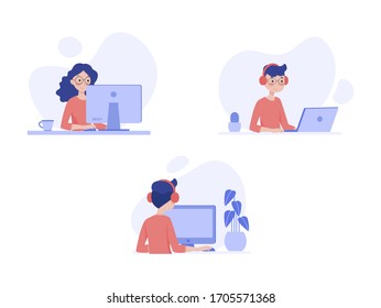 man and woman working on computer. vector characters design
