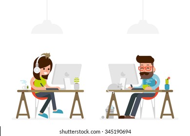 man and woman working on computer flat style cartoon.