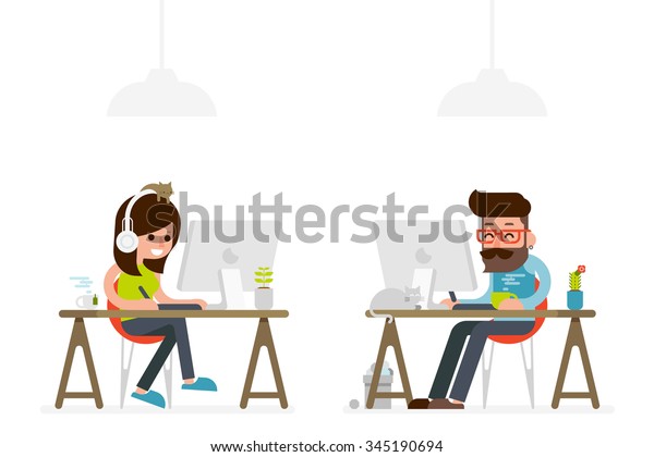 man and\
woman working on computer flat style\
cartoon.