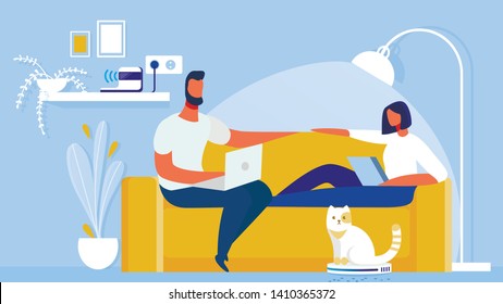 Man and Woman Working on Computers while Cat Driving Vacuum Cleaner Flat Cartoon Vector Illustration. Robot Vacuuming Wool from Pet. Remote Station Charging on Shelf. Helping in Household.