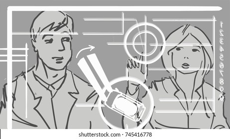 Man and woman working on holographic interface with schemes and graphs. IT technology. Black and white vector sketch. Simple drawing.