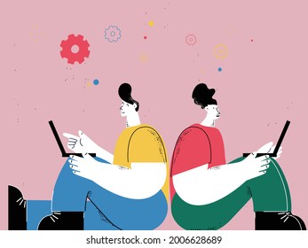 Man an woman working on laptop, freelance job, remote work, blogging, co-working, business professionals, business colleagues flat vector illustration