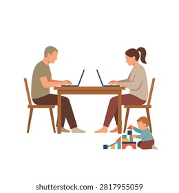 Man and woman working on laptops at a table while a small child plays with colorful building blocks on the floor