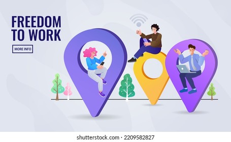 Man and woman working on pin. Global Outsourcing Team Concept, Businesspeople with Laptop. Working Distantly Connected in Network. work and travel freelancer, remote job.  freedom to work anywhere.