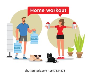 Man and woman working out in their home. They are doing their exercises with daily things like bottles of water or boxes of milk. There are also a pug, a cat, plants and a lamp.