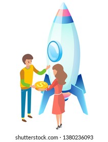 Man and woman working in pair vector, people with innovative idea for business startup, teamwork, female and male launching rocket holding gold coin