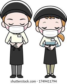 A man and a woman working at a restaurant wearing a surgical mask.