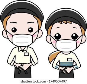 A man and a woman working at a restaurant wearing a surgical mask.