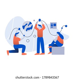 Mann und Frau arbeiten im Entwicklungsteam-Projekt zusammen. Technologie, Vektorgrafik-Illustration