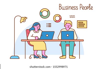 Man And Woman Working Together In The Office. Sitting On Table With Laptop. Business People, Teamwork Line Art Vector Set. Office Workplace.  Flat Vector Illustration.