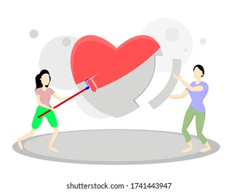 man and woman working together on their love symbolized by a big heart.Vector illustration of cooperation of a couple in love.white background.