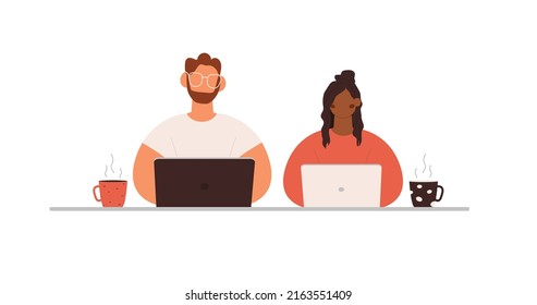 Man and woman working together. Remote work, couple working together. Vector illustration