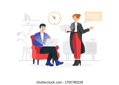 Man and woman working together, she is lecturing something. svg