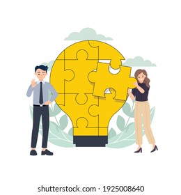Man and woman working together to solve puzzle. Brainstorming idea concept. Flat vector cartoon design.
