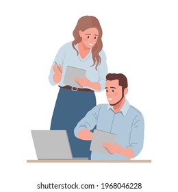 Man and woman working together vector flat illustration isolated on white background. Happy smiling male and female characters with notebooks looking at laptop screen. Managers do their work.