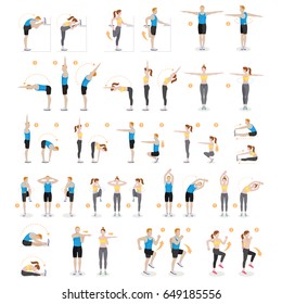 Man and woman workout fitness, aerobic and exercises. Vector illustrations.