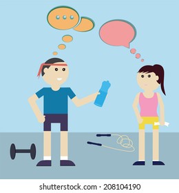 Man and woman workout for good health and friendship with blank speech bubble