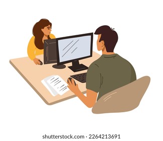 A man and woman works at a computer with documents. Vector illustration