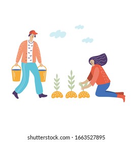 man and woman works in the garden vector illustration