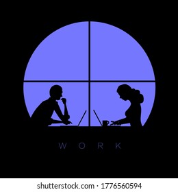 Man and woman works with laptop late at night in the office. Vector concept illustration.