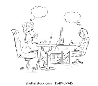 Man and woman works on the computer. Hand drawn sketch vector illustration.