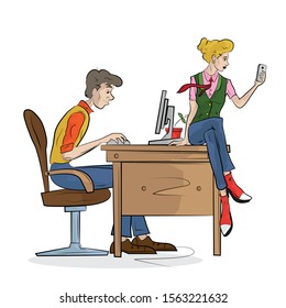 Man and woman works on the computer. Hand drawn sketch vector illustration.