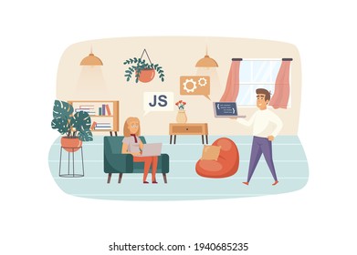 Man and woman works on laptops and testing software scene. Developers analyzing and fixing bugs in program code. IT industry, teamwork concept. Vector illustration of people characters in flat design