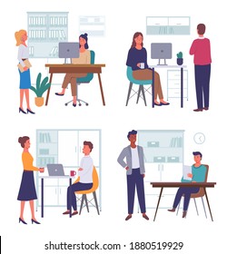 Man and woman works together, colleagues, employees. Business people sit at the table on workplace, works on laptops. A set of four scenes with managers discuss working issues in office space