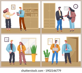 Man and woman works together, colleagues, employees. Business people meeting at workplace, partner consultation, shake hands. A set of four scenes with managers discuss working issues in office space