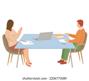 Man and woman works together, colleagues, employees. Business people sit at table on workplace, works on laptops, talk conversation and speaking dialogue. Businessman reading document. Office work