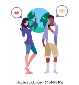 man and woman world using smartphone