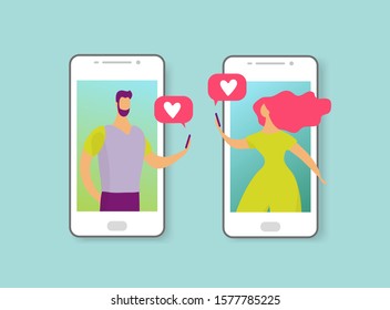 Man and woman write messages about love or date. Online dating concept. The characters on the phone screen fell in love. Flat cartoon vector illustration.