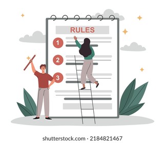 Man and woman write rules. Regulation of work in company and organization. Business ethics, management. Restricted graphic writing with law information concept. Cartoon flat vector illustration