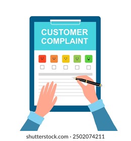 Man or woman writing feedback and opinion on customer complaint paper document. Review from client. Consumer made complaint for service.