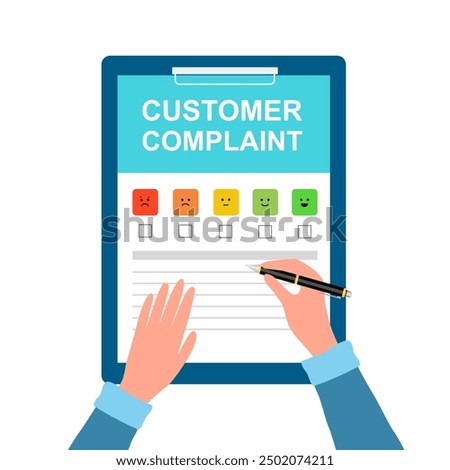 Man or woman writing feedback and opinion on customer complaint paper document. Review from client. Consumer made complaint for service.