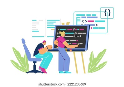 Man and woman writing programming code on big laptop, flat vector illustration isolated on white background. Web developers creating software in teamwork. Characters work on application development.