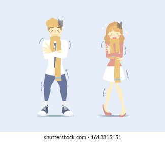 man and woman in yellow scarf, arm crossed shaking, shiver, chills, health care concept, vector illustration cartoon flat character design