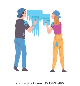 Man and Woman as Young Family Holding Paint Roller Coloring the Walls in Their Apartment Vector Illustration