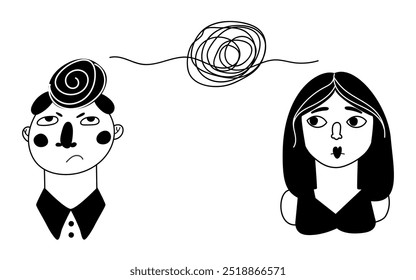 Homem e mulher. Casal jovem casado, conflito de interesses, mau humor, brigas. Ilustração plana em preto e branco, eps10, desenho à mão