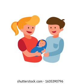 man and woman young parent with newborn baby, happy family, flat cartoon illustration vector isolated in white background