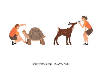 Man and Woman Zookeeper Engaged in Feeding and Daily Care of Animal Vector Set