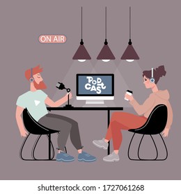 Man and womanpodcasters interview each other for radio podcast Live streaming. social media network bloggers collaboration. Vloggers cartoon characters. Interview, podcast, video recording in studio.
